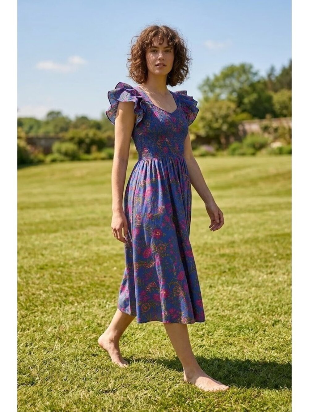 NWT Ivy City Co. Hattie Midi in Blue Multi Floral Smocked Cotton Dress S - Picture 9 of 9